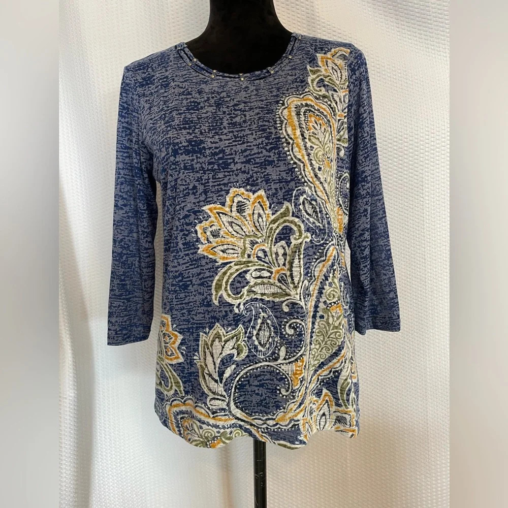 Alfred Dunner Blue With Large Paisley Print 3/4 Sleeve Lightweight Blouse Size S